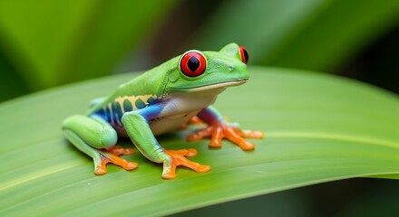 Fototapeta premium A vibrant red-eyed tree frog perched on a broad green leaf, detailed close-up