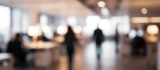 Fototapeta premium A blurred image of an office environment featuring silhouettes of people working at desks with ambient lighting and a modern decor.