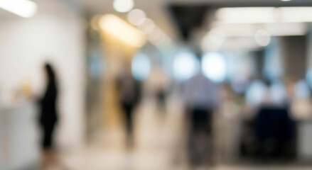 Fototapeta premium An abstract view of a busy office environment with blurred figures and workspaces, conveying a sense of modern corporate life and activity.