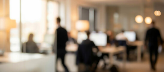 Fototapeta premium A blurred image of a modern office space filled with people working at desks, illuminated by natural light from large windows, creating a vibrant atmosphere.
