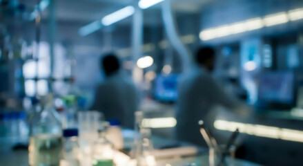 Obraz premium A blurred laboratory scene showing researchers working in a modern workspace filled with scientific equipment and glassware, creating a dynamic atmosphere.