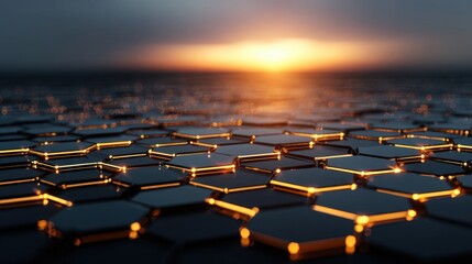 Fototapeta premium Hexagonal pattern with glowing lines at sunset