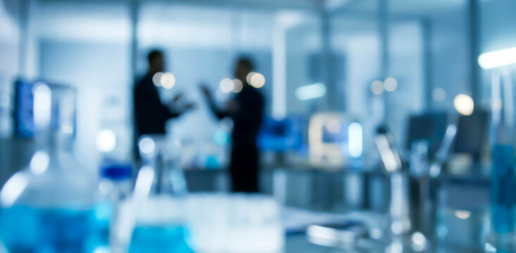 A blurred view of a modern laboratory with two scientists engaged in conversation. Lab equipment and chemicals are visible in the foreground, creating a scientific atmosphere.
