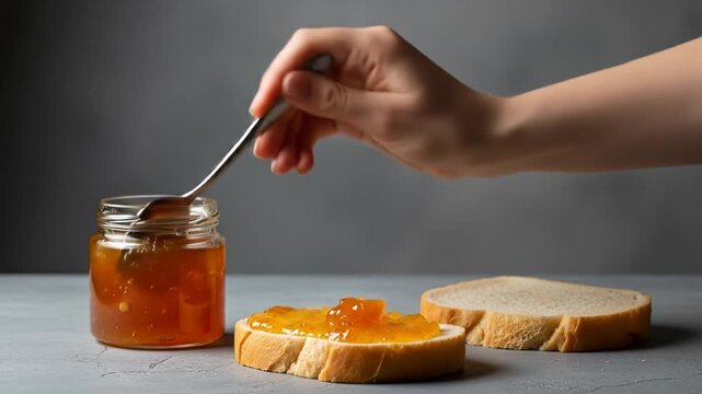 A hand holds a spoon with jam over a slice of bread