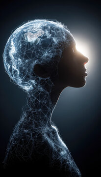 A futuristic digital illustration of a human head and upper body composed of glowing network lines, symbolizing artificial intelligence and human-machine integration.