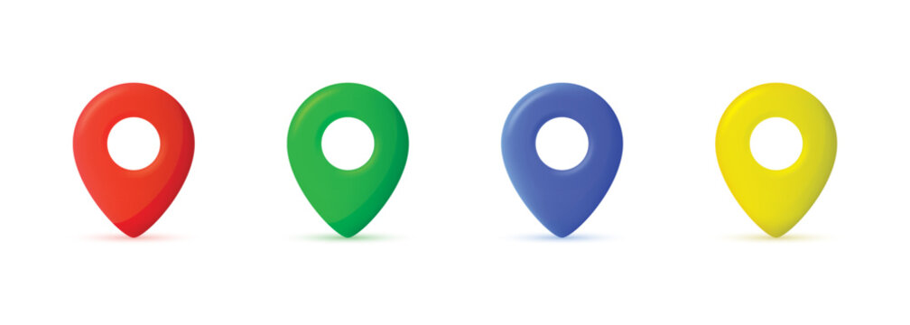 3D location pin icon set. Realistic map marker pointer vector illustration. Red green blue and yellow gps navigation symbols