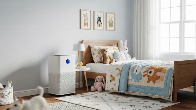 A serene bedroom with a bed, nightstand, air purifier, and toys on a rug