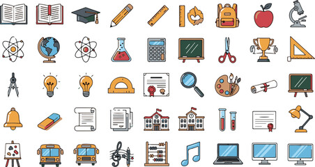A comprehensive collection of colorful school and education themed vector icons for learning