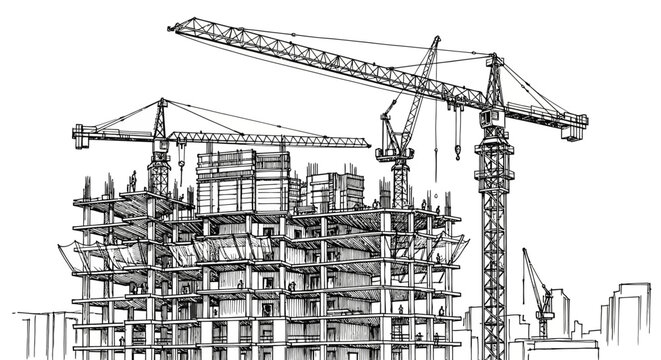 Detailed black and white sketch of a large building under construction with multiple tower cranes in an urban setting.