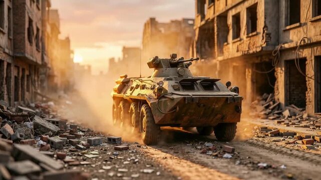 Armored personnel carrier driving through ruined city streets at sunset for military conflict and post-apocalyptic cinematic scenes
