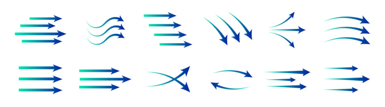 Blue air flow arrows set, wind direction stream swirls, ventilation and cooling motion vector elements on transparent background