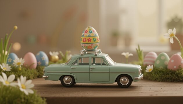 Retro toy car carrying an Easter egg on the roof. Easter concept.
