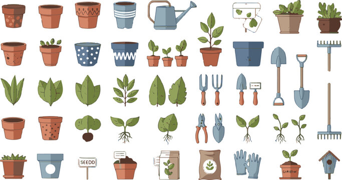 A comprehensive collection of gardening tools and potted plants illustrated in a flat vector style