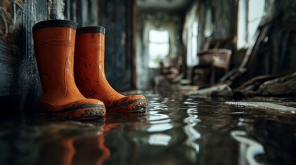 Man with boots in his flooded house