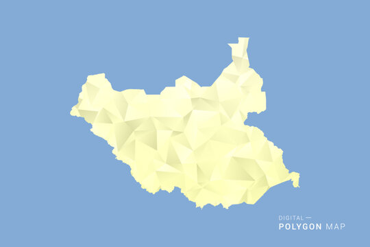 South Sudan Map in low poly polygon vector style, geometric shape illustration with soft yellow tones on blue background, clean silhouette for infographic.