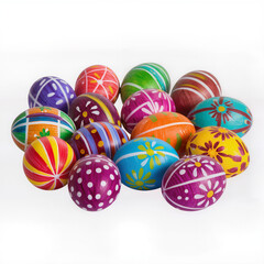 Fototapeta premium Colorful Easter eggs and flowers in a wicker basket on white background 