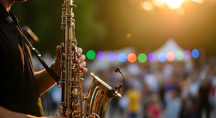 Obraz premium A saxophonist performing at an outdoor sunset festival. Celebrate International Jazz Day with live music, golden hour vibes, and soulful saxophone melodies