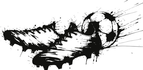 Naklejka premium soccer cleats and ball silhouette with grunge ink splatter effect in dynamic