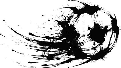 Naklejka premium Abstract black ink splatter soccer ball art with dynamic motion streaks on white background