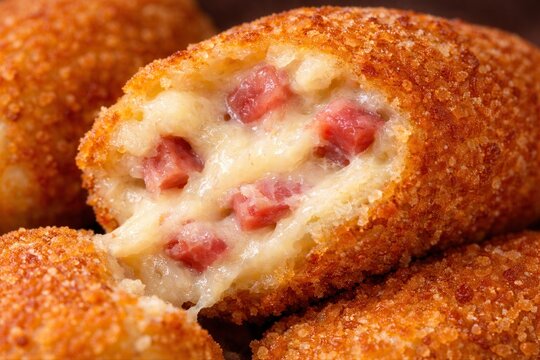 Croquetas de Jam&oacute;n mit cremiger Schinkenf&uuml;llung Nahaufnahme querformat
Knusprige spanische Croquetas de Jam&oacute;n mit cremiger B&eacute;chamel und Schinkenw&uuml;rfeln in appetitlicher Detailaufnahme.