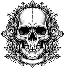 Fototapeta premium Skull Ornament Vector Illustration, Decorative Floral Design, Tattoo Art