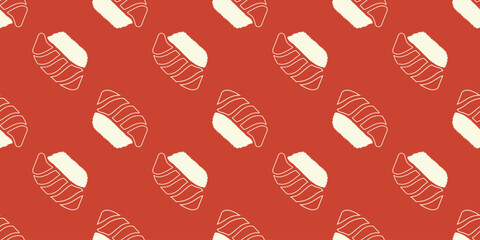 sushi seamless pattern. nigiri sushi seamless pattern. salmon sushi. nigiri sushi on a red background. nigiri sushi seamless pattern background vector illustration © Faisal Amru