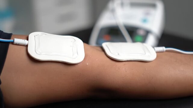 Two white electrode pads are attached to a person's leg for muscle stimulation. The background shows a blurry medical device. Ideal for physical therapy, recovery, or medical technology content.