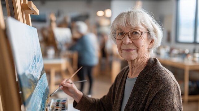 Senior woman attending watercolor painting class in bright studio, easel and brushes creating landscape beside elderly classmates, perfect for creative expression lifelong learning art seniors