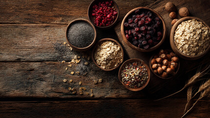 Assorted healthy food ingredients in wooden bowls on rustic table