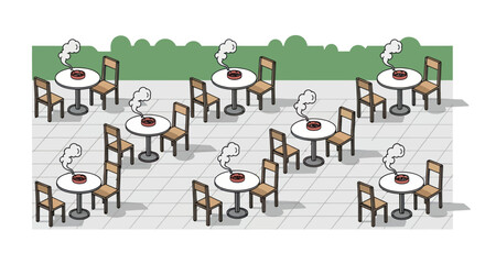 Obraz premium Outdoor cafe tables with steaming food and chairs.