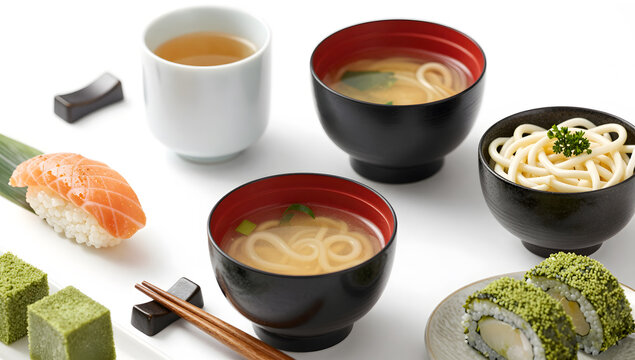 AI PHOTO - White background with assortments of Japanese food and drink shot still life