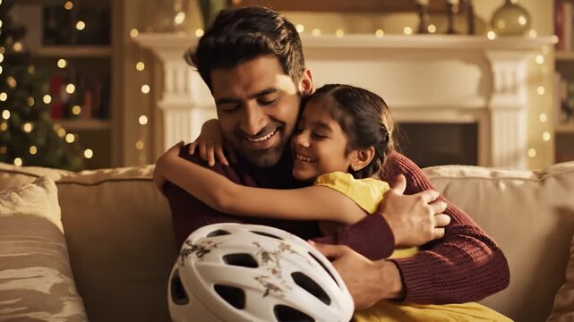 A father presents a white bicycle helmet to his young daughter on a couch. They share a warm, emotional moment and hug in a cozy, decorated living room. Use for family or safety content.
