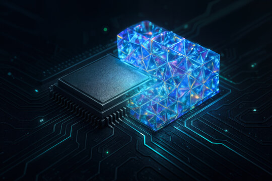 Post-silicon perovskite semiconductor breakthrough chip macro view showing silicon to luminous crystalline lattice transition for sustainable green electronics and next-generation computing innovation