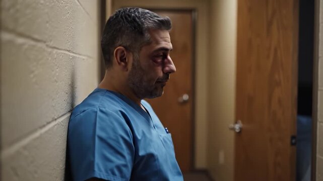 A tired male healthcare worker in blue scrubs leaning against a brick wall in a hospital corridor. He shows signs of extreme exhaustion and stress. Ideal for medical burnout or crisis content.