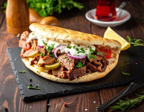 Mouthwatering Turkish doner kebab in flatbread featuring savory grilled meat, fresh vegetables, and creamy yogurt sauce on a slate plate. Ideal for restaurant menus and culinary marketing.