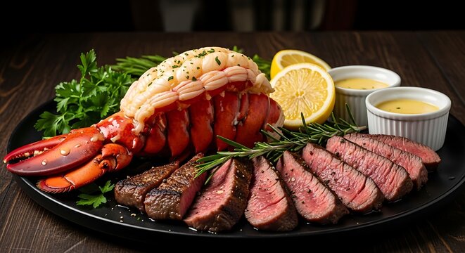 Lobster tail and steak slices served with lemon and dipping sauces on a dark plate. lobster tail and steak