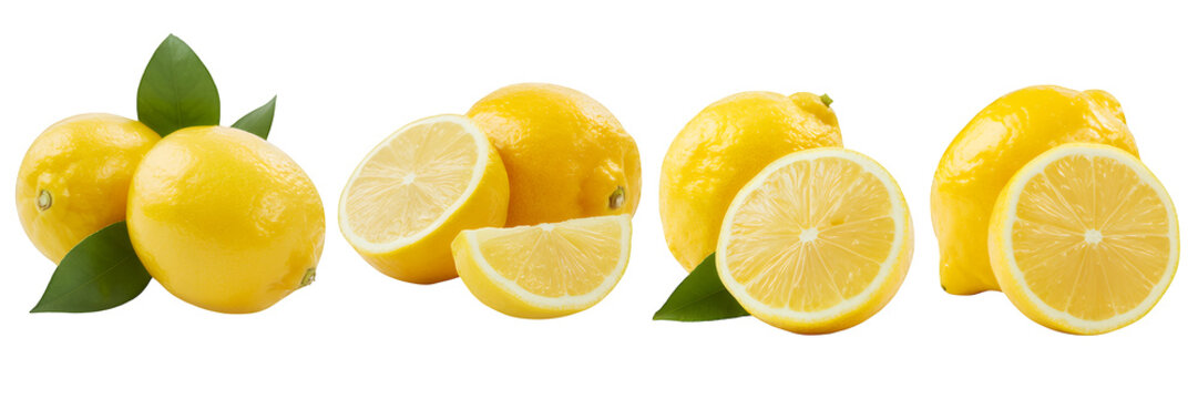 Lemons and lemon slices with green leaves citrus isolated on a transparent background
