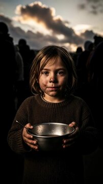 Young boy with dirty face holding metal bowl, crowd silhouettes and cloudy sky in background for hunger and poverty concept. Vertical video