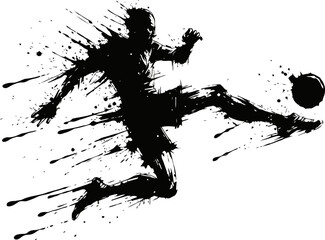 Naklejka premium Dynamic soccer player silhouette kicking a ball with artistic splatter ink effect