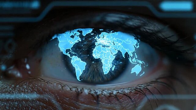 A close-up eye with a reflected computer screen displays a world map.