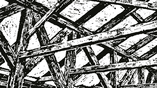 Black and white abstract pattern of randomly intersecting wooden beams on a textured background