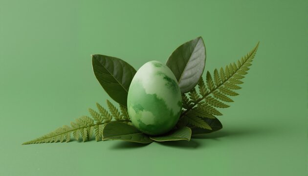 Stylish easter eggs on a green background. Modern naturally dyed green egg between leaves and fern. Happy Easter. Simple, minimalist. Generative AI
