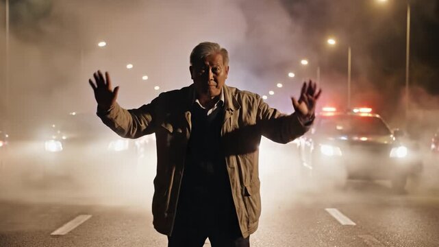An elderly man stands on a foggy road with hands raised before police cars. This scene conveys desperation and protest. Ideal for cinematic storytelling or social news.