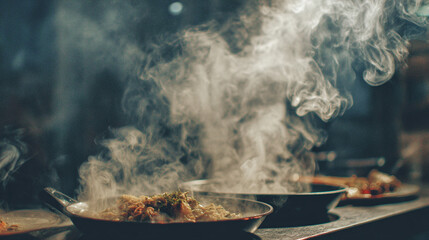 Steaming hot food in pans on a kitchen countertop scene