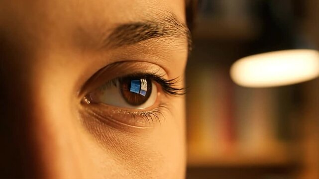 A person's eye with a computer screen reflected in the pupil