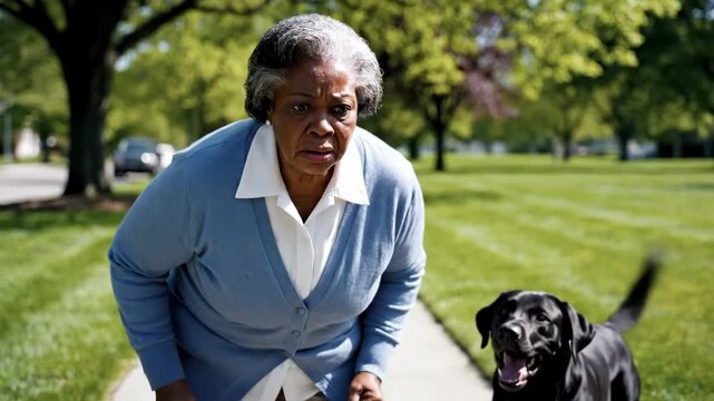 Scared senior woman frightened by barking dog