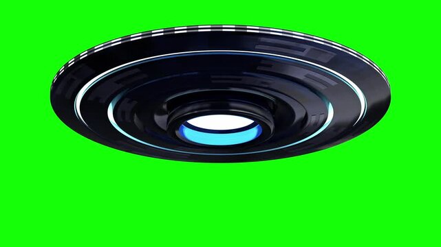Flying Saucer Floating in the Air Viewed from Below Isolated on Green Background - 3d 4k animation (3840 x 2160px)