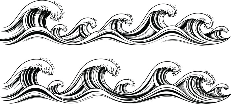 Vintage ocean wave illustration set, japanese style sea waves, hand drawn marine water splash design, black line art vector