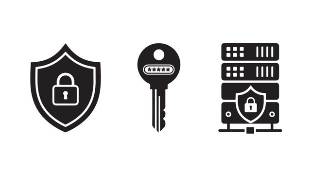 Black icons of shield with lock, key with password and server with shield on white background for security and protection concepts