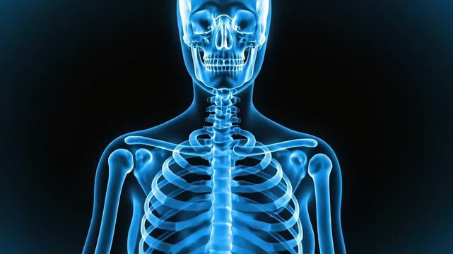 Human Skeleton X-Ray Scan Showing Bones and Organs in Blue Light on Black Background.
